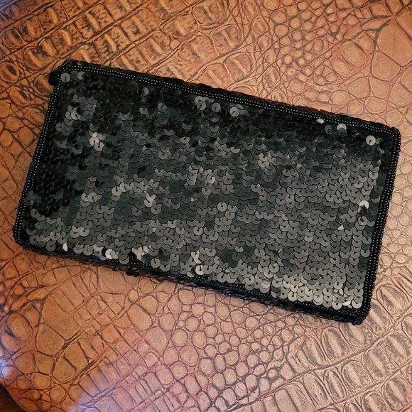Vintage La Regale Beaded Black Sequined Satin Evening Clutch - Picture 4 of 5